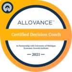 A badge that says, " certified decision coach 2 0 2 1."